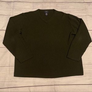 Brooks 346 Merino Wool Mens Size Large V Neck Ribbed Sweater Pullover Green